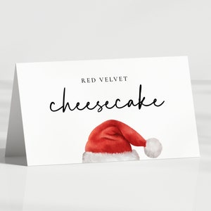 Cartões de barraca de comida de Natal com chapéu de Papai Noel, chá de bebê de Papai Noel, cartão de lugar, cartões de buffet de feriado - Etiqueta, dobrado, minimalista, EDITÁVEL, faça você mesmo