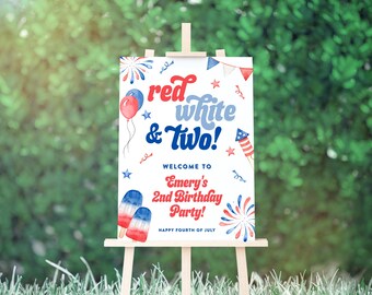 Letrero de bienvenida rojo, blanco y dos - Letrero de fuegos artificiales y paletas heladas - Letrero de caballete de cumpleaños del 4 de julio, plantilla editable - Hágalo usted mismo