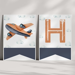 Vintage Airplane Banner - Flag Bunting, Navy Orange Turquoise, Plane Birthday Party Decor - Instant Download Printable - EDITABLE Template