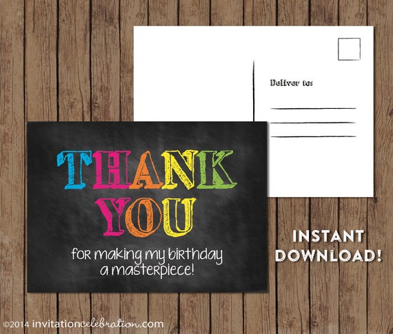 Art Party Thank You Post Card - PRINTABLE - Chalkboard - Birthday - Colorful - Rainbow - Paint and Create - INSTANT DOWNLOAD Il_570xn