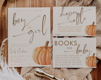 Pumpkin Gender Reveal Invitation Bundle, Editable Printable Invite, Diaper Raffle and Books for Baby Cards