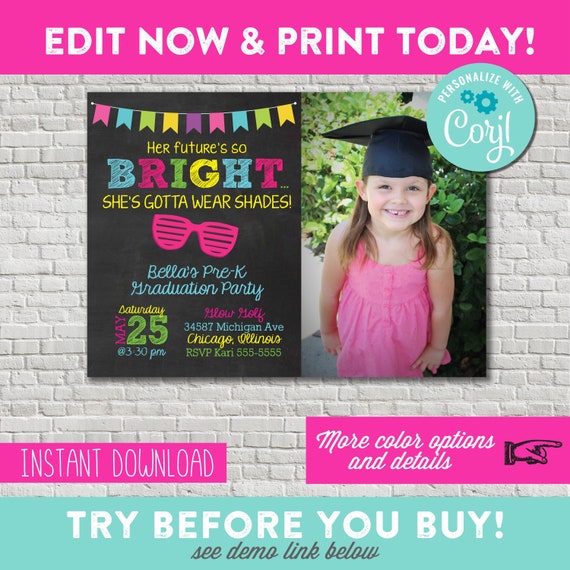 Preschool Graduation Invitation - Kindergarten Graduation - Future is so Bright - Gotta Wear Shades - Instant Download - EDIT YOURSELF Il_570xn