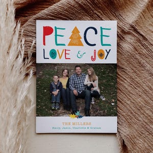 Holiday Photo Card - Peace Love Joy Photo Card Template, Colorful Yellow, Navy Blue, Red, Teal, Secular Holiday Card, Editable Template