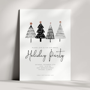 May include: A white invitation with black and brown illustrations of Christmas trees. The text reads "Please join us for our annual Holiday Party. Saturday, December 17th, 6:00 - 9:30 PM, 4557 Meridian Street, Chicago, Illinois. Kindly RSVP before 12/8."