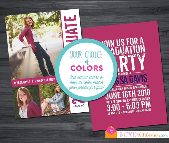 Graduation Invitation for Girls - YOUR COLORS - 3 Photos, Graduation Party, Announcement, Open House, Choose Digital or Printed w/ Envelopes Il_570xn