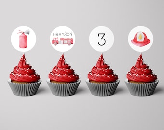 Firetruck Cupcake Topper - Firefighter Birthday - Minimalist - Circle - Sticker - Tag - EDITABLE - DIY