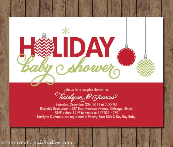 Modern Christmas Baby Shower Invitation - PRINTABLE - Holiday - Choose Digital or Printed with Envelopes - Red and Green Il_570xn