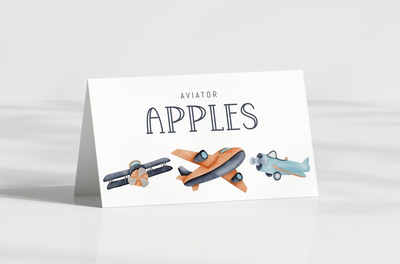 Airplane Birthday Tent Cards Vintage Plane Food Labels Airplane Party Decor Place card Buffet Cards Folded EDITABLE template