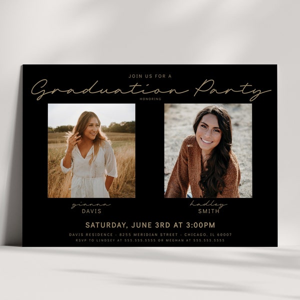 Joint Graduation Party Invitation - Two Person Grad Party Invite - Siblings, Friends, Photos, Minimalist, Class of 2026 - Editable Template