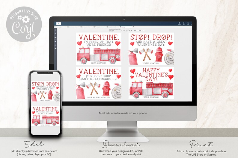 K&ouml;nnte beinhalten: Digitales Valentinstag-Kartendesign mit roten Aquarell-Illustrationen von Feuerwehrautos, &Auml;xten und Hydranten. Die Karten zeigen Text wie "Valentine, ich freue mich, dass wir Freunde sind!" auf einem Computer, Telefon und Tablet.