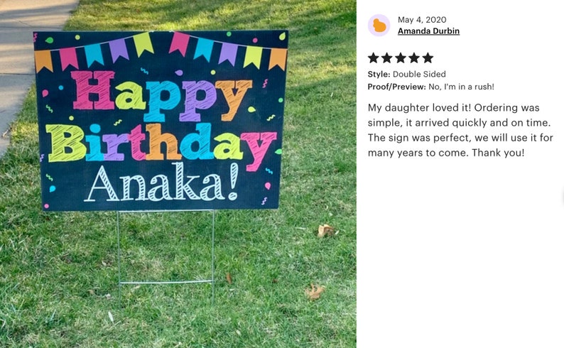 May include: A black chalkboard sign with colourful lettering that reads "Happy Birthday Anaka!" The sign is decorated with colourful flags and confetti.