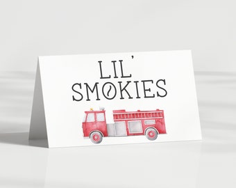 Firetruck Party Tent Cards, Firefighter Food Labels, Fire Engine Birthday - Place card, Buffet Cards, Folded - EDITABLE template - DIY