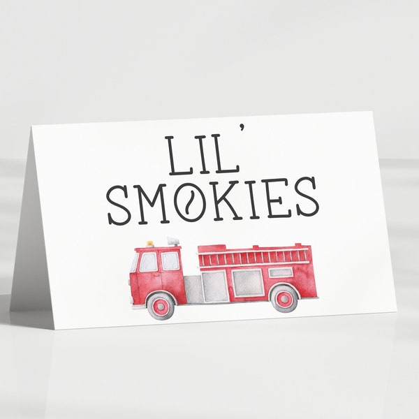 Cartes de tente de fête de camion de pompier, étiquettes de nourriture de pompier, anniversaire de camion de pompier - marque-place, cartes de buffet, plié - modèle MODIFIABLE - DIY
