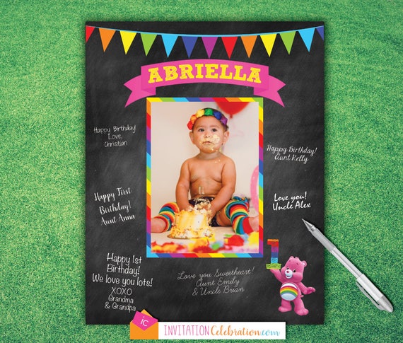 Carebears - Printable Birthday Signature Board - Wishes - Guest Book Frame - Care Bears - Chalkboard - Digital - First Birthday Il_570xn