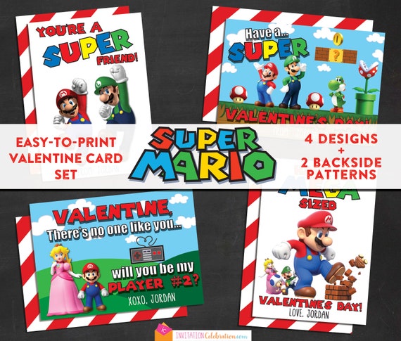 Mario Brothers Valentine Cards - PRINTABLE - Personalized - 2 Super Easy to Print Backside Designs Included Il_570xn