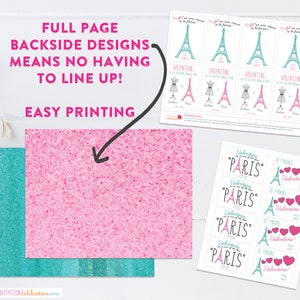 May include: Printable Valentine's Day cards featuring a pink and blue Eiffel Tower design with the text "Valentine's Day in Paris" and "Je t'adore! Valentine!"