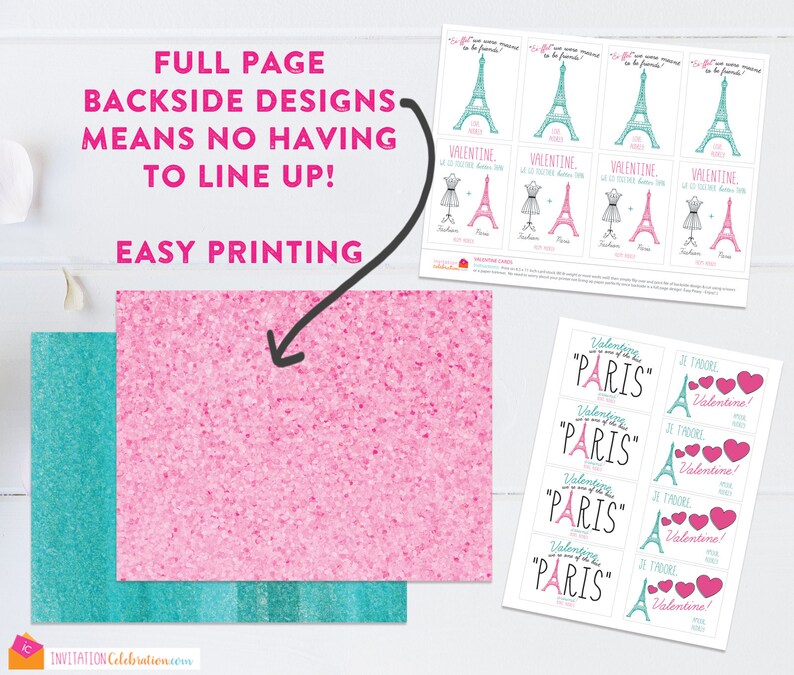 May include: Printable Valentine's Day cards featuring a pink and blue Eiffel Tower design with the text "Valentine's Day in Paris" and "Je t'adore! Valentine!"