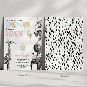 May include: A white invitation with a colorful illustration of animals wearing party hats. The text reads "Calling all party animals EMERSON is turning SEVEN!" and includes details for a birthday party. The back of the invitation has a black and white pattern.
