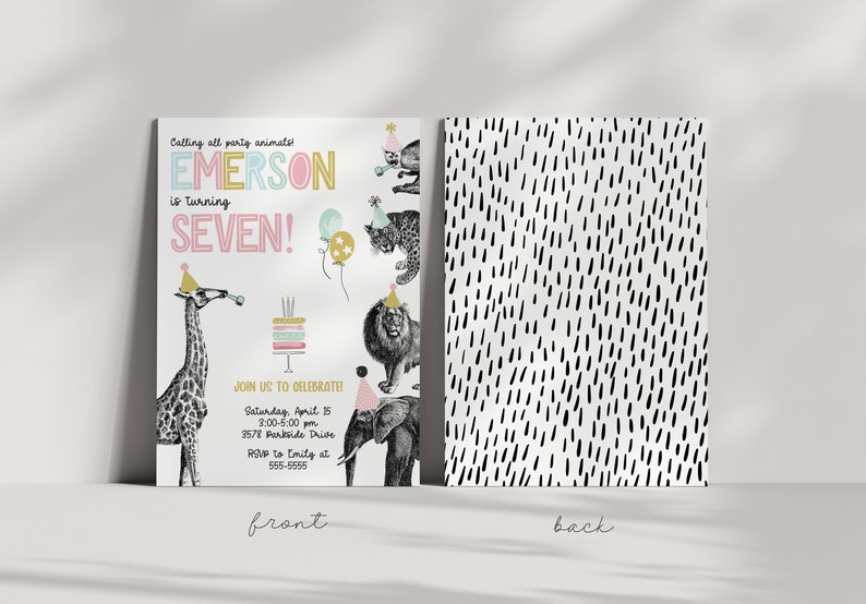 May include: A white invitation with a colorful illustration of animals wearing party hats. The text reads "Calling all party animals EMERSON is turning SEVEN!" and includes details for a birthday party. The back of the invitation has a black and white pattern.
