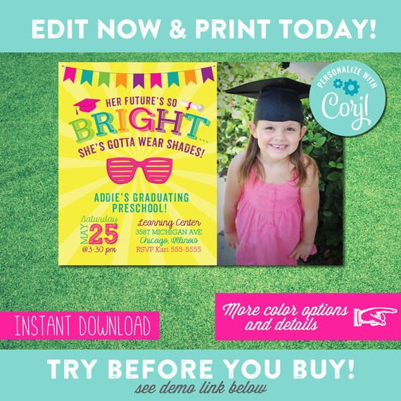 Preschool Graduation Invitation - Girl Kindergarten Graduation - Future is so Bright - Gotta Wear Shades - Instant Download - EDIT YOURSELF Il_570xn