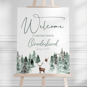 Cartello festa forestale Winter ONEderland, cartello primo compleanno bambino Woodland, cartello di benvenuto primo compleanno bambino, cartello ingresso, paese delle meraviglie, MODIFICABILE
