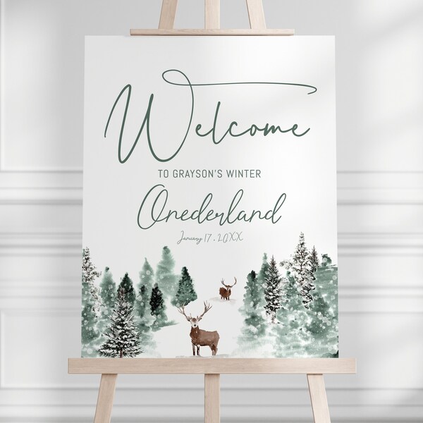 Winter ONEderland Forest Party Sign, Boy Woodland 1st Birthday Sign, Boy First Birthday Welcome Sign, Entrance Sign, Wonderland, EDITABLE