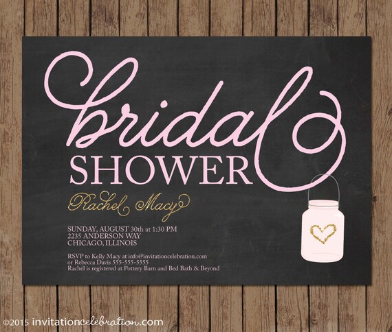 Bridal Shower Invitation - Chalkboard Mason Jar - PRINTABLE - Pale Pink - Gold - Chic - Choose Digital or Printed w/Envelopes Il_570xn