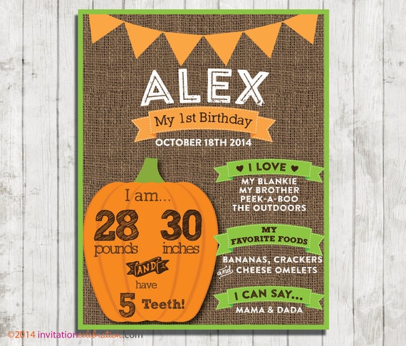 Birthday Stats Board - Rustic Fall Pumpkin - Boy - Orange and Green - October - First Birthday Favorites - PRINTABLE Il_570xn
