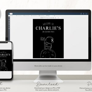 May include: Editable printable sign for a 2nd birthday party with a black background and white text. The sign says "Welcome to Charlie's 2nd Birthday Party" and features a cartoon astronaut standing on the moon.