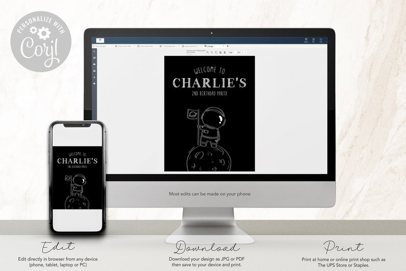 May include: Editable printable sign for a 2nd birthday party with a black background and white text. The sign says "Welcome to Charlie's 2nd Birthday Party" and features a cartoon astronaut standing on the moon.