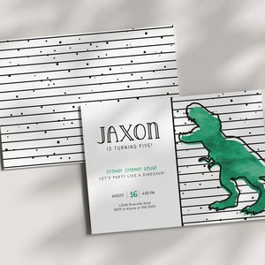 TREX 誕生日招待状 - T-Rex パーティー - 恐竜招待状 - ティラノサウルス - モダン - 水彩画 - 編集可能なテンプレート - DIY 画像 3