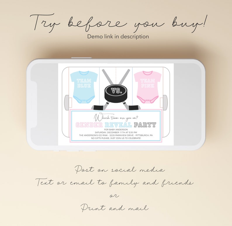 Ice Hockey Gender Reveal Party Invitation - Team Blue Team Pink - Baby Gender Reveal - Digital or Printable - Edit Yourself - DIY image 4
