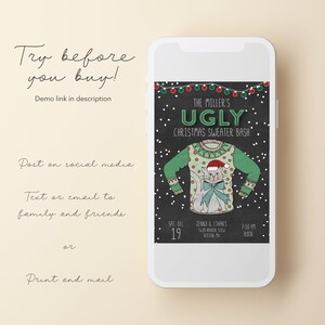 May include: A digital invitation for a Christmas sweater party. The invitation is on a black chalkboard background with white snowflakes and a string of red and green Christmas lights. The text reads "The Miller's Ugly Christmas Sweater Bash" with a cartoon illustration of a green sweater with a cat wearing a Santa hat. The date is Saturday, December 19th at 7:38 PM. The location is Jenny & Ethan's, 5629 Harbor View, Boston, MA. The invitation says BYOB.