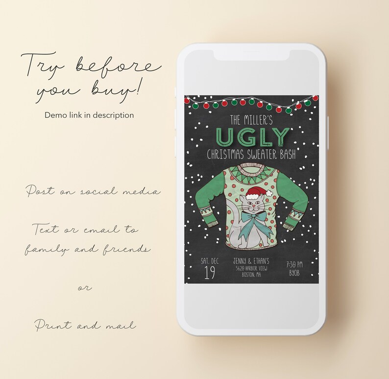 May include: A digital invitation for a Christmas sweater party. The invitation is on a black chalkboard background with white snowflakes and a string of red and green Christmas lights. The text reads "The Miller's Ugly Christmas Sweater Bash" with a cartoon illustration of a green sweater with a cat wearing a Santa hat. The date is Saturday, December 19th at 7:38 PM. The location is Jenny & Ethan's, 5629 Harbor View, Boston, MA. The invitation says BYOB.