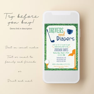 Puede incluir: Una invitaci&oacute;n a una fiesta de bienvenida al beb&eacute; con tem&aacute;tica de golf, en verde y blanco, con el texto "Drivers and Diapers" en azul y naranja. La invitaci&oacute;n es para Jordan Davis e incluye la fecha, la hora y el lugar del evento. Tambi&eacute;n se incluye informaci&oacute;n de RSVP.