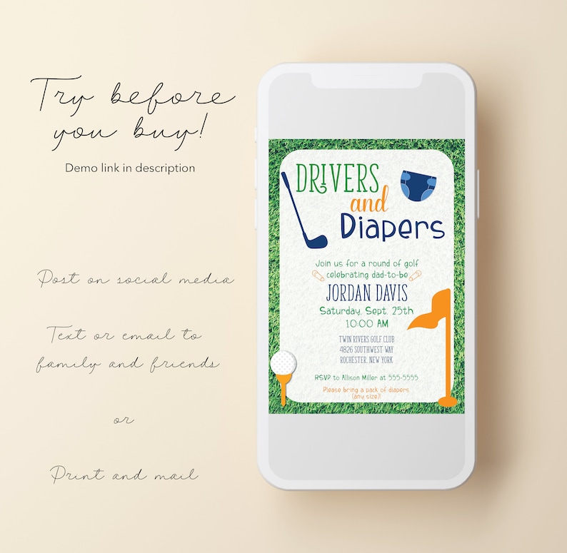 Puede incluir: Una invitaci&oacute;n a una fiesta de bienvenida al beb&eacute; con tem&aacute;tica de golf, en verde y blanco, con el texto "Drivers and Diapers" en azul y naranja. La invitaci&oacute;n es para Jordan Davis e incluye la fecha, la hora y el lugar del evento. Tambi&eacute;n se incluye informaci&oacute;n de RSVP.