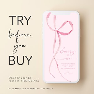 May include: A pink digital invitation with a watercolor ribbon bow. The text reads "Emery is one" and includes details for a birthday party.