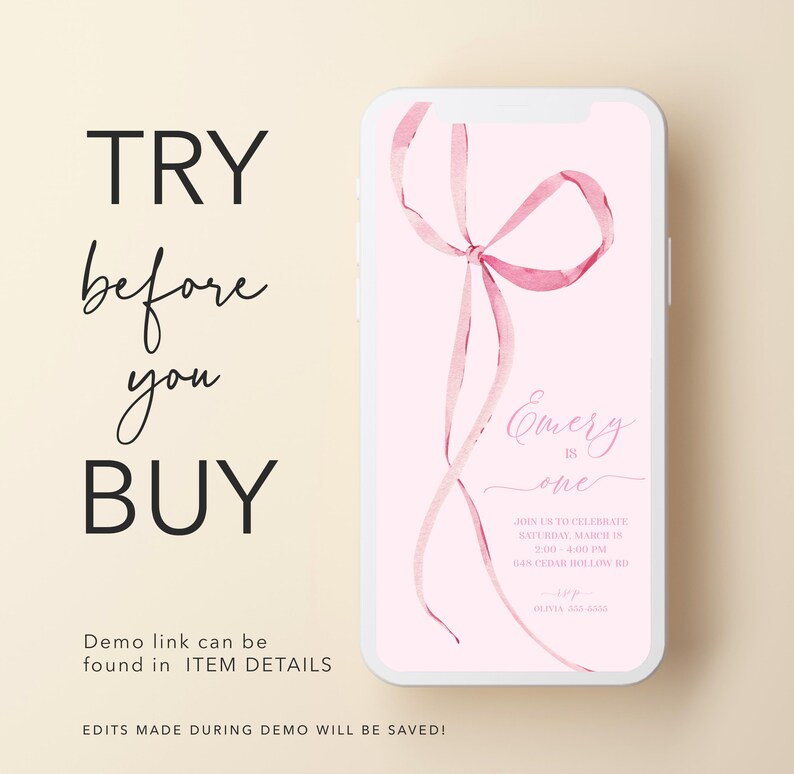 May include: A pink digital invitation with a watercolor ribbon bow. The text reads "Emery is one" and includes details for a birthday party.