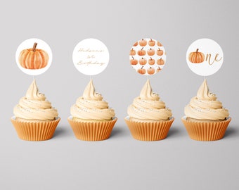 May include: Four cupcakes with orange frosting and white sprinkles topped with round pumpkin-themed cupcake toppers. The toppers feature a single pumpkin, a pattern of pumpkins, the word "one" with a pumpkin, and the text "Hudson's 1st Birthday".