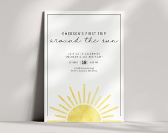 Invitación de cumpleaños para el primer viaje alrededor del sol - Fiesta de primer cumpleaños - Niño o niña - Género neutro - Minimalista - Sol - EDITABLE - Hazlo tú mismo