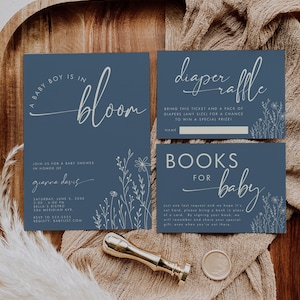 A Baby Boy is in Bloom Uitnodigingssuite, uitnodiging, luierloterij en boeken voor baby-insteekkaart, blauwe wilde bloemen babyshowerbundel, BEWERKBAAR