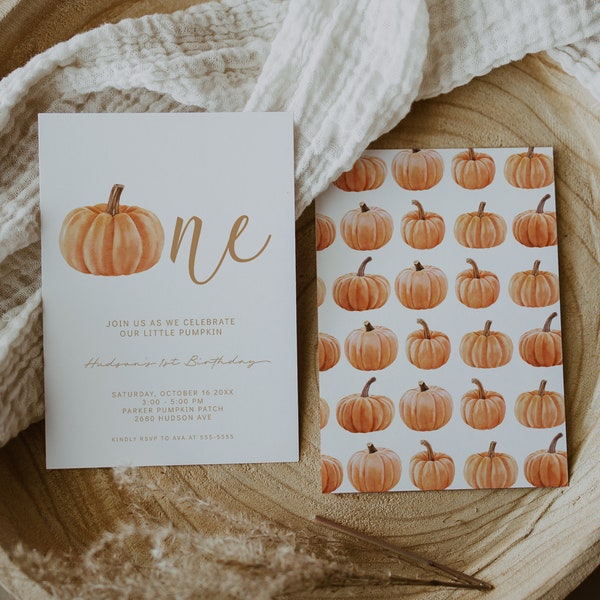 Pumpkin is ONE - Fall 1st Birthday Invitation - Our Little Pumpkin is One First Birthday Invite - Autumn, Printable - Editable Template