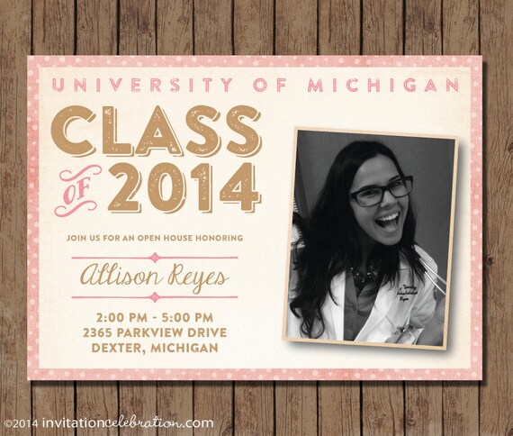 Vintage Retro Graduation Invitation - PRINTABLE - Photo - Digital Graduation Invitation - Pink Gold Invitation - Open House Invitation Il_570xn