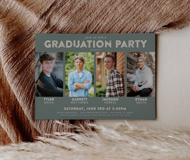 Joint Graduation Party Invitation Four Person Grad Party Invite Siblings, Friends, Photos, Minimalist, Class of 2024 Editable Template image 3