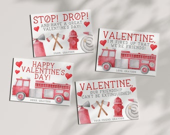 Cartes de la Saint-Valentin camion de pompier - imprimables - pompier - pompier - camion de pompier - salle de classe garçon - préscolaire Saint Valentin - modèle modifiable