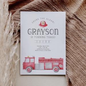Firetruck Invitation - Firetruck Birthday Invite - Sound the Alarm - Fireman - Fire Engine Party - Watercolor - Invite - EDITABLE - DIY
