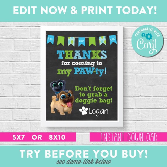 Puppy Dog Pals Party Sign - Doggie Bag - Favor Table - Editable - Personalized - Puppy Dog Pals Favor Sign - INSTANT DOWNLOAD Edit Yourself Il_570xn