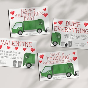 Cartes de la Saint-Valentin en camion poubelle - imprimables - recyclage - camion poubelle - salle de classe garçon - préscolaire Saint Valentin - modèle modifiable