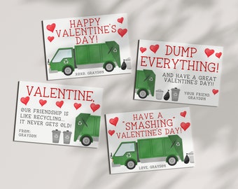Garbage Truck Valentine Cards - PRINTABLE - Recycling - Trash Truck - Boy Classroom - Preschool Valentines - Editable Template