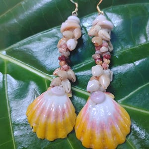 Stunning sunrise shell earrings with Momi shells in the heliconia design and kahelelani shells. 3 1/2&quot;